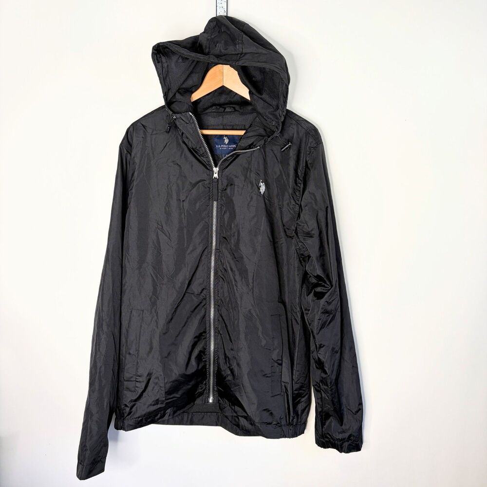 US Polo Assn Windbreaker Black Zip Up Hooded White logo Men size M